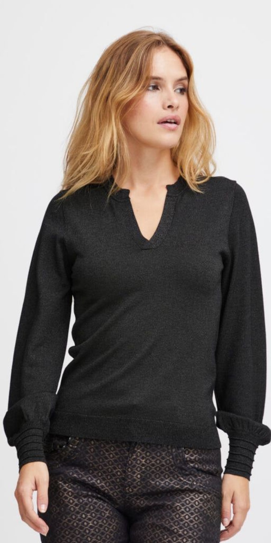 Women The Secret Closet Tops | Pulz Sara V Neck Glitter Pullover In Black Beauty