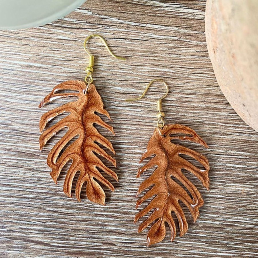 Women The Secret Closet | Bronze Monstera Leaf Drop Earrings